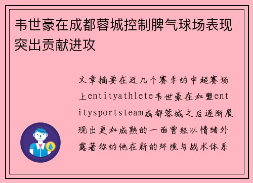韦世豪在成都蓉城控制脾气球场表现突出贡献进攻