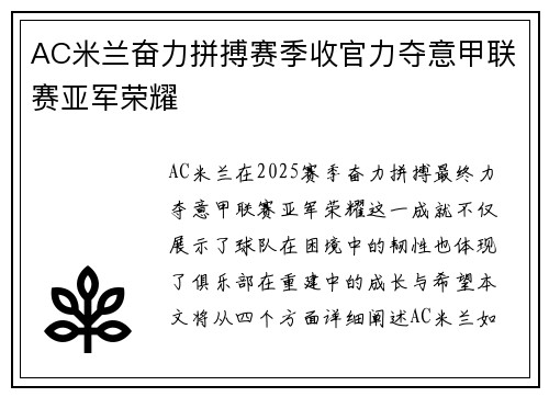 AC米兰奋力拼搏赛季收官力夺意甲联赛亚军荣耀 AC米兰奋力拼搏赛季收官力夺意甲联赛亚军荣耀