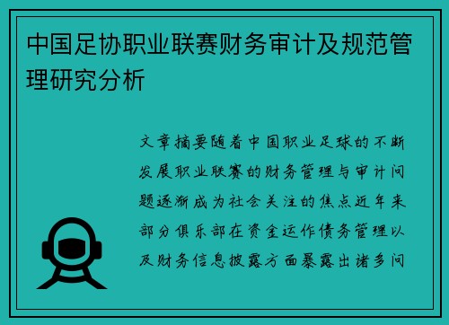 中国足协职业联赛财务审计及规范管理研究分析 中国足协职业联赛财务审计及规范管理研究分析